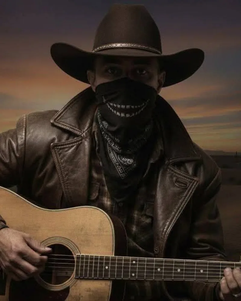 Jocker Wink dark western portrait with cowboy hat, bandana and guitar